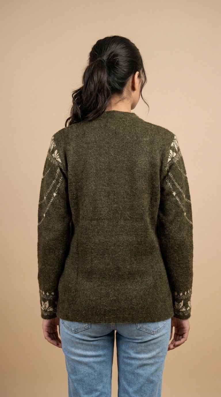 Royal Paisley Motif Heavy Knit Cardigan - Forest Green