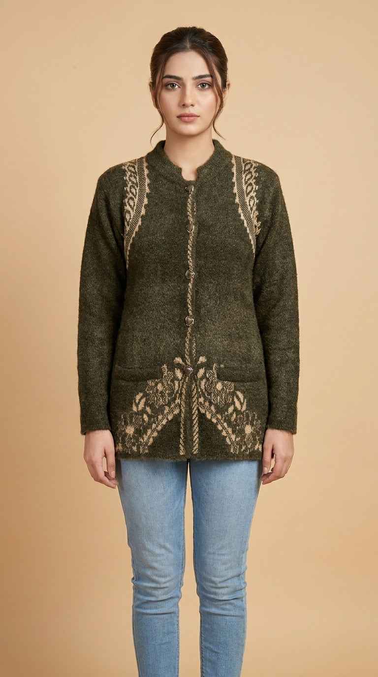 Royal Paisley Motif Heavy Knit Cardigan - Forest Green