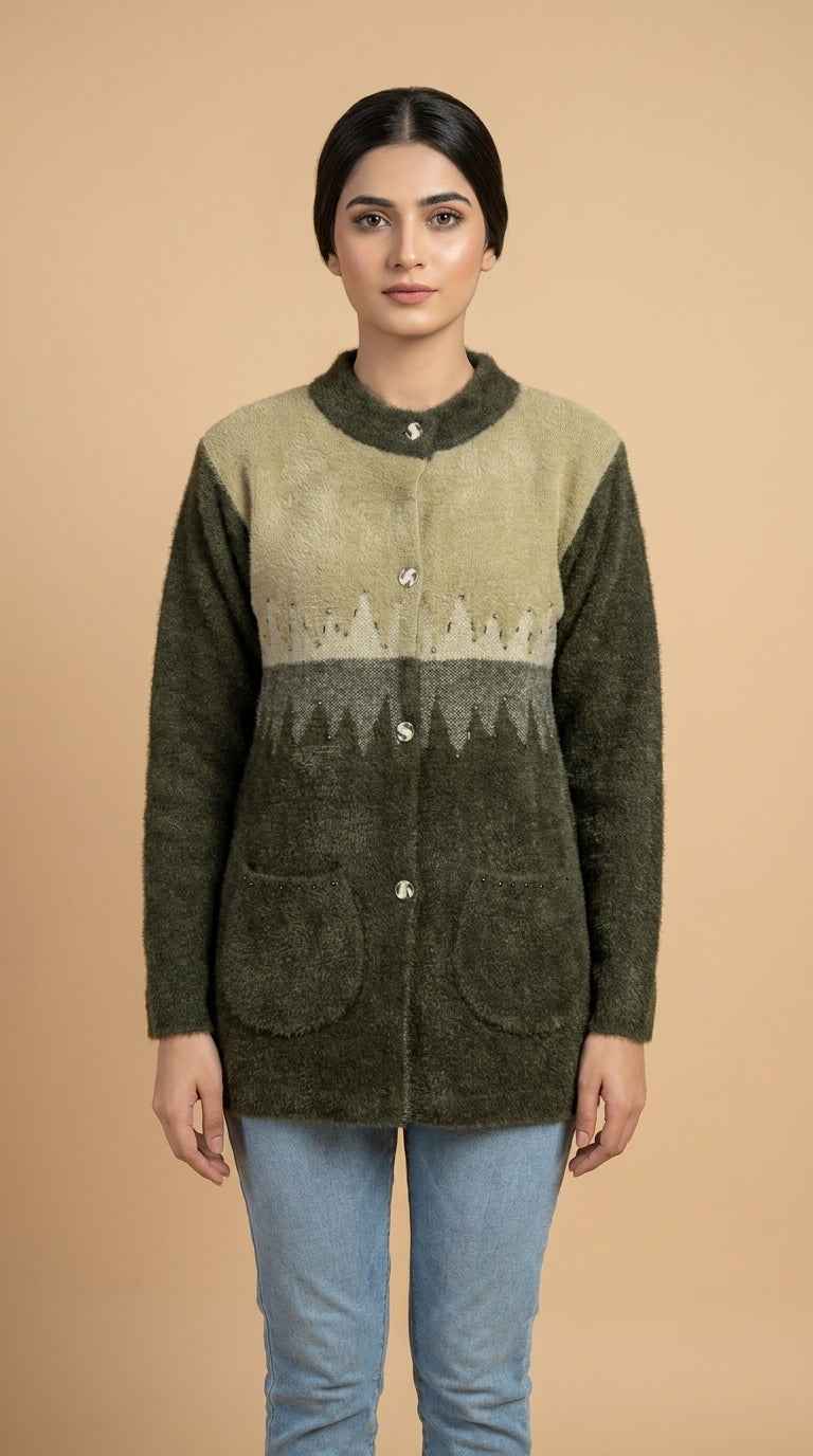 Two-Tone Ombré Chevron Knit Cardigan - Sage & Olive Green