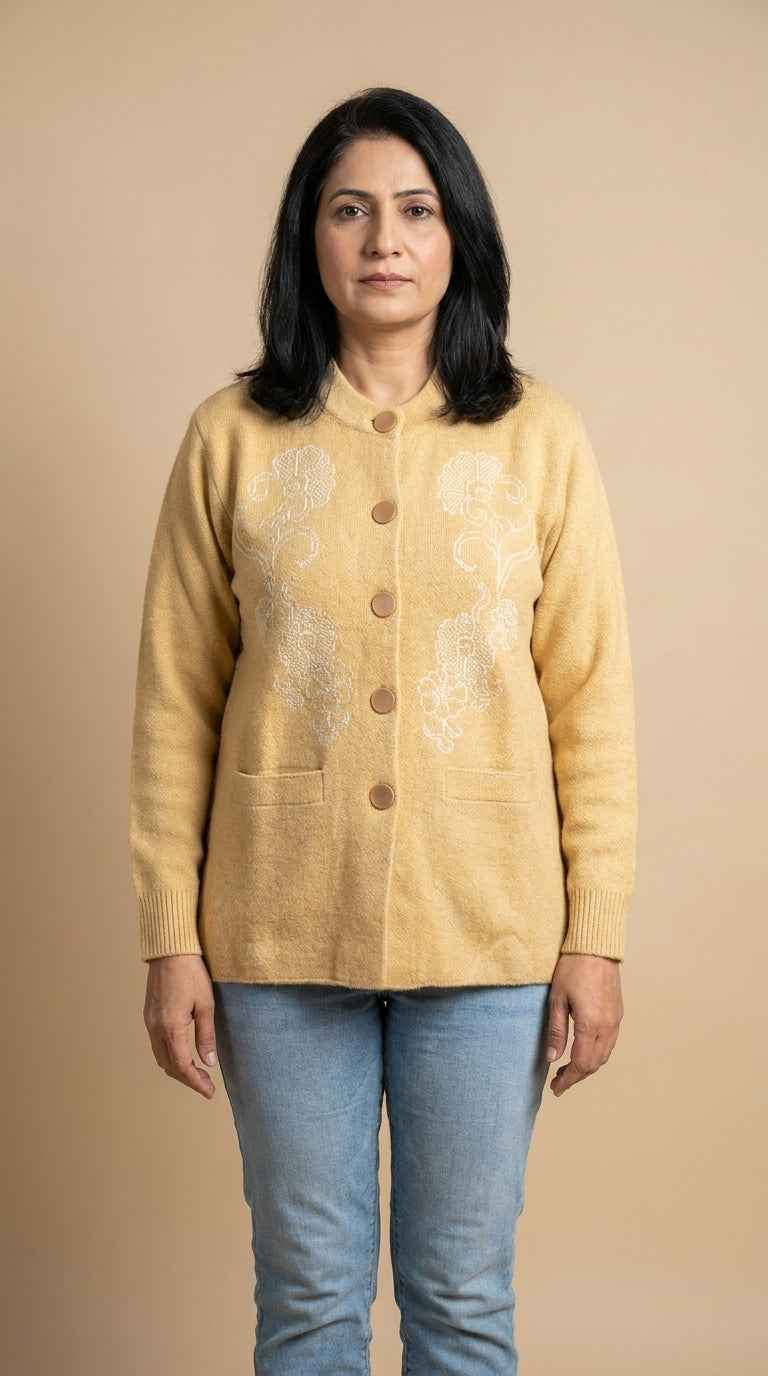 Elegant Floral Embroidered Crew Neck Cardigan - Warm Mustard Yellow