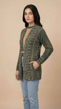Plush Fuzzy Knit Longline Cardigan with Pearl Clasp - Sage Green