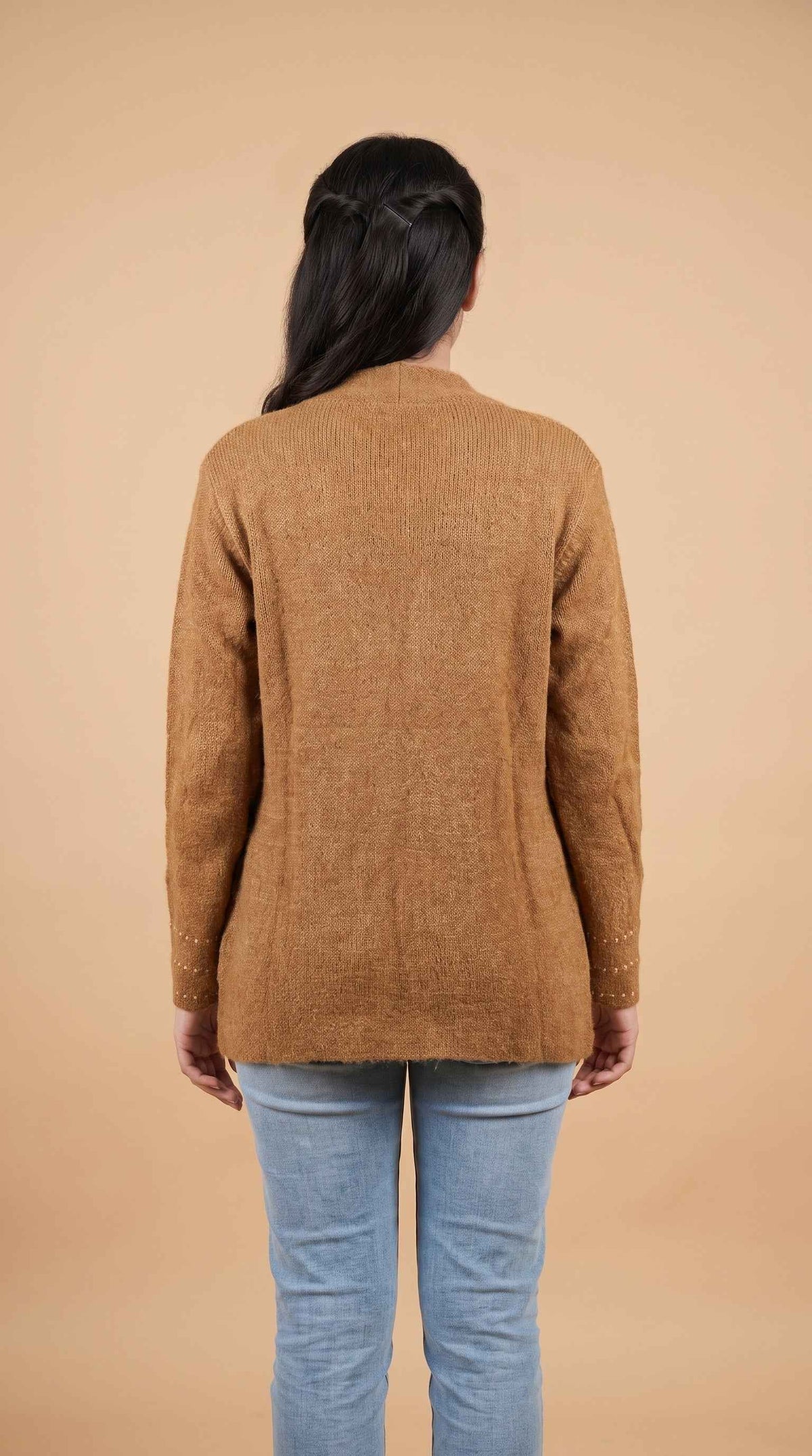 Plush Fuzzy Knit Longline Cardigan with Pearl Clasp - Toffee Brown