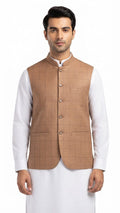 camel-tan-checkered-curved-hem-waistcoat Eman collections Talagang