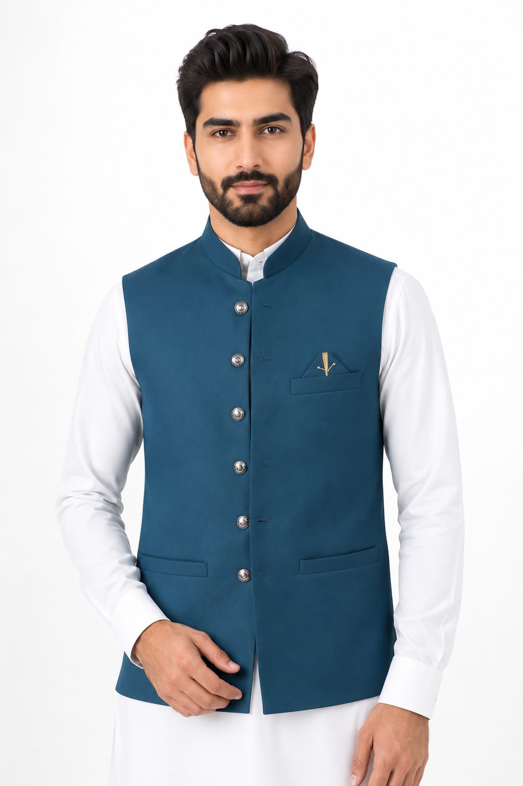 teal blue waistcoat vest over a white long-sleeve kurta Eman Collections Talagang