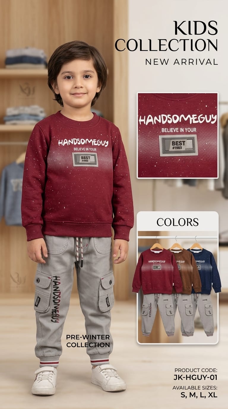 A child model wearing a kids' collection outfit consisting of a maroon gradient sweatshirt and gray cargo pants with white sneakers. The image is a promotional collage with text overlays reading 'KIDS COLLECTION', 'HANDSOME GUY', 'COLORS', and product details.